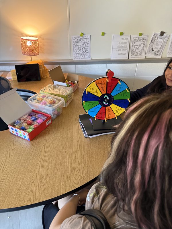 Prize boxes of candy, stickers, and squishmallows next to the colorful prize wheel at Kyara's fundraiser