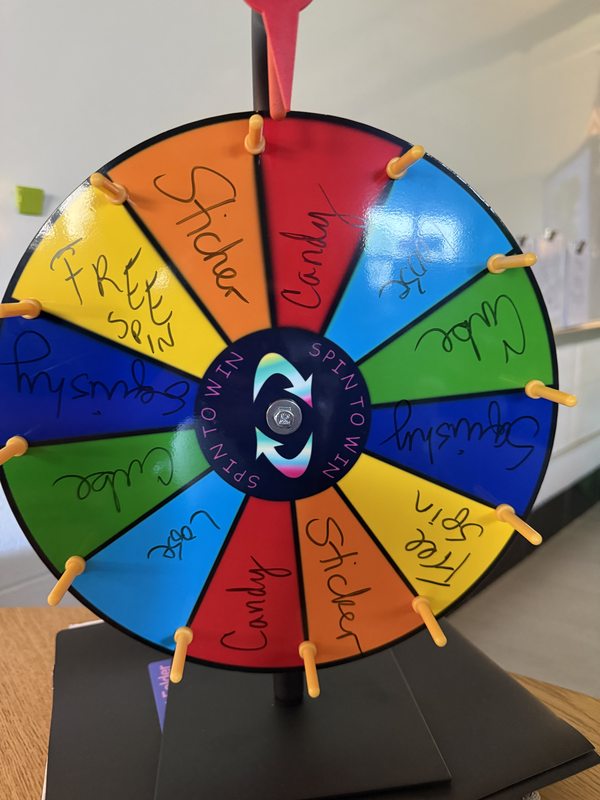 The colorful "Spin to Win" prize wheel Kyara's class used for their fundraiser