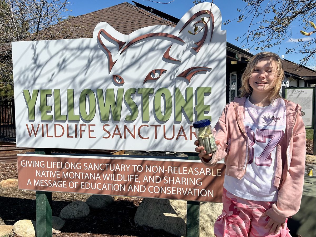 Cooper holding a donation jar beside the Yellowstone Wildlife Sanctuary sign in Montana
