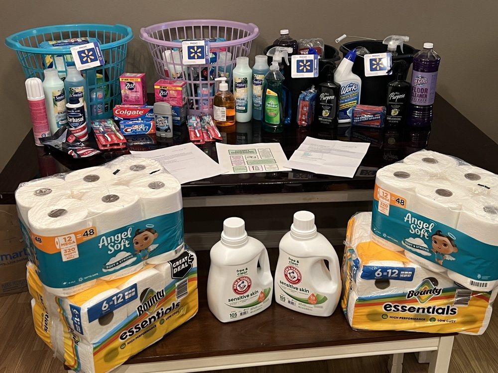 Baskets of hygiene and cleaning supplies collected for World Relief welcome kits