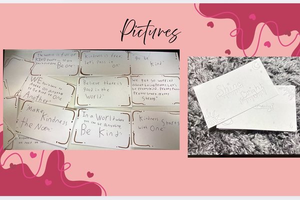 A spread of handwritten kindness quote cards with messages like 'Make kindness the norm' and 'Be kind'
